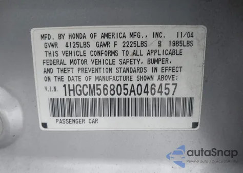 2005 Honda Accord 2.4 Ex из США, поврежденный, VIN 1HGCM56805A046457